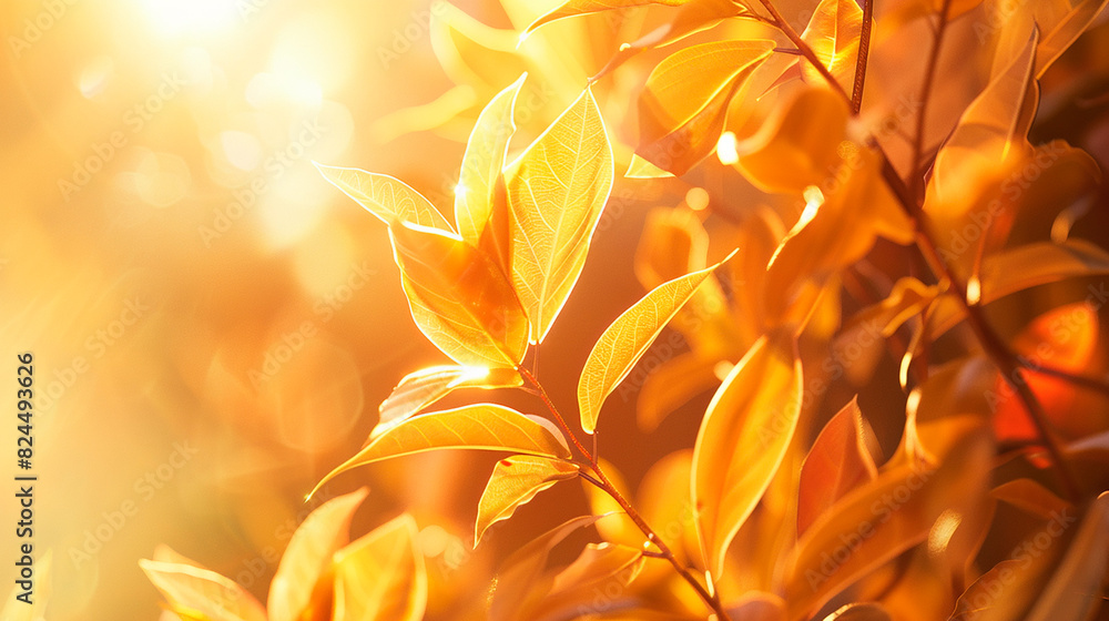 Poster close-up of vibrant autumn leaves illuminated by warm sunlight, creating a glowing effect with soft 