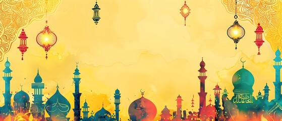Ornate Doodle Page Border Design with Festive Eid al Adha Silhouetted Minarets and Paper Lanterns