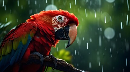 A colorful parrot sits on a tree branch in the rain.