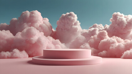 Pink podium with clouds display. Cosmetic or beauty product promotion step clouds, pastel pedestal. Abstract minimal advertise. 3D render copy space spring mockup.