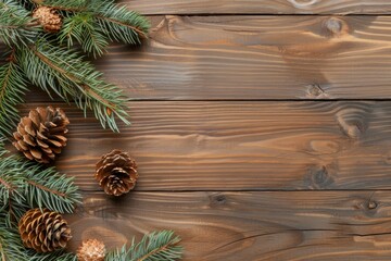 Rustic Wooden Background with Pine Branches and Pinecones - Perfect for Christmas and Winter Seasonal Decorations