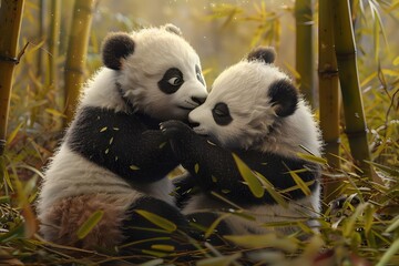 A lively playpend between two fluffy newborn pandas in a bambo patchPanda Study Institutes: Adorable pandas in a conservation centre, eating and playing with bamboo. produced by AI o shoots.
