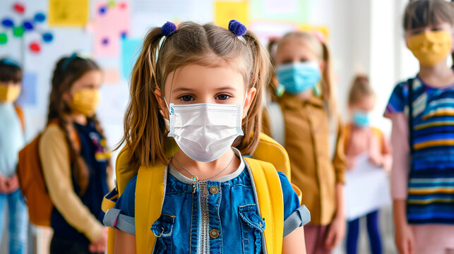 Children wearing masks in a classroom, highlighting the new normal of education during the pandemic. The colorful setting contrasts with the serious health measures in place. - Powered by Adobe