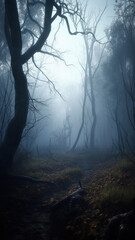 Haunting Forest Path Enveloped In Thick Fog And Bare Trees Creating An Eerie Atmosphere Ai Generated