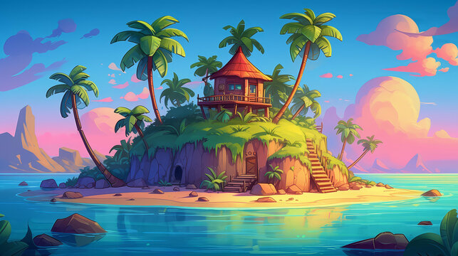 Vibrant island scene depicted in chibi style with cartoony drawings and vivid colors.