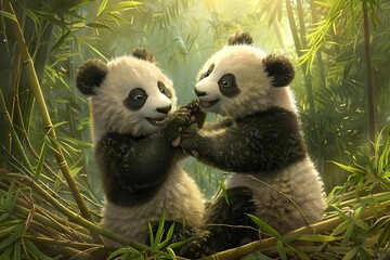 A lively playpend between two fluffy newborn pandas in a bambo patchPanda Study Institutes: Adorable pandas in a conservation centre, eating and playing with bamboo. produced by AI o shoots.
