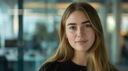 Obraz premium In the polished setting of a corporate office, a close-up shot captures a young businesswoman's poised and confident expression as she looks directly at the camera