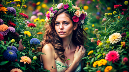 Portrait of a Beautiful Woman with Flowers