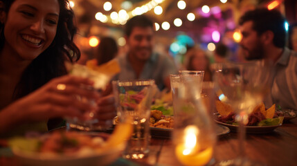 Friends savoring Mexican cuisine in a lively restaurant, their happy faces and enthusiastic conversation reflecting the joy of the moment, the background blurred to emphasize 