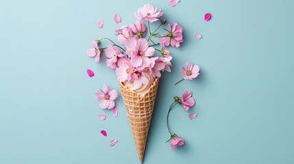 Ice cream cone with colorful flowers and leaves on a pastel blue background, Minimal spring or summer concept, A modern fun concept of gifts, anniversary and love, Copy space
