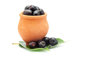A mud pot filled with 'Indian blackberry' or Jamun (Syzygium cumini) fresh fruits, sprinkled with salt. 