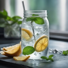 Cold and refreshing infused water with lime, ginger, mint and ice in mason jar. Copyspace