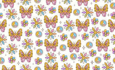  Funny Groovy seamless pattern in trendy retro style. Y2k collection. Retro y2k style. Retro hipster y2k vector pattern. Cartoon Characters. Y2k Aesthetic.