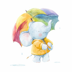 Beautiful childish watercolor hand drawn illustration with cute baby elephant with umbrella. Kid's clipart print. Stock baby illustration.