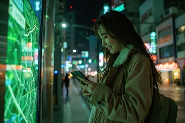 Women who check electronic screens in the city at night