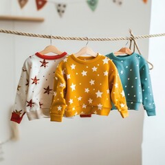 A set of beautiful clothes for a newborn girl on hangers, Copy space, The concept of clothes, motherhood, fashion and newborn, Rack with stylish children clothes