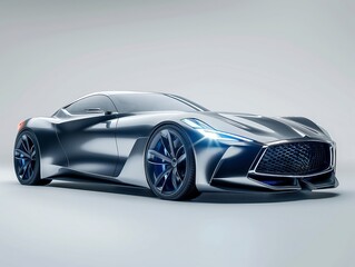 A futuristic, sleek sports car with a metallic finish and blue accents, showcased on a white background.