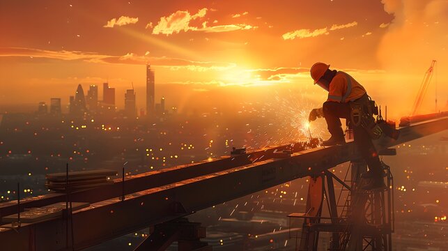 Silhouette of a Construction Worker at Sunrise in Urban Landscape