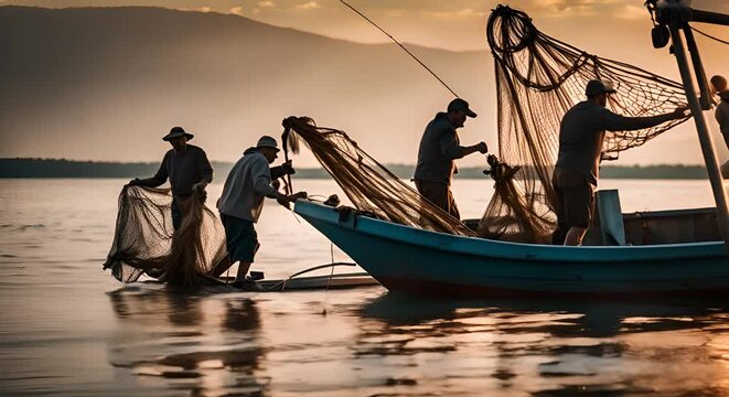 Fishermen fishing with fishing net.