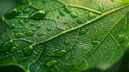 Close-up View of Fresh Green Leaf with Dew Drops - Nature's Delicacy