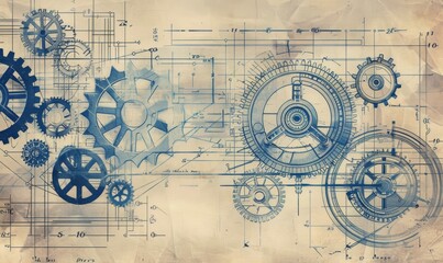 Fototapeta premium Vintage Blueprint-Style Illustration of Various Cogs and Gears
