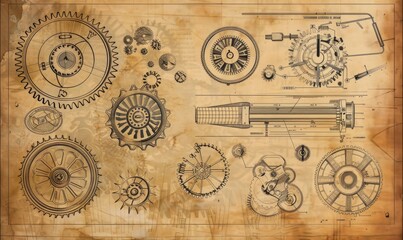Vintage Blueprint-Style Illustration of Various Cogs and Gears