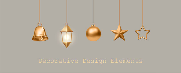 A set of decorative golden objects. Hanging lamp lantern, Christmas ball, star decoration, bell. A collection of decorative design elements for a greeting card or a festive banner