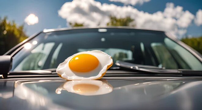 Cooking a fried egg on the hood of the car. Heat wave concept.
