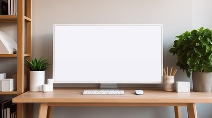 A white screen computer mockup on a desk in living room.