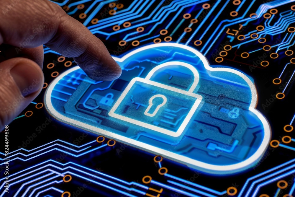 Poster advanced cloud technology with secure lock symbol and modern protection interfaces.