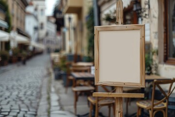 Blank wooden frame on easel in outdoor cafe