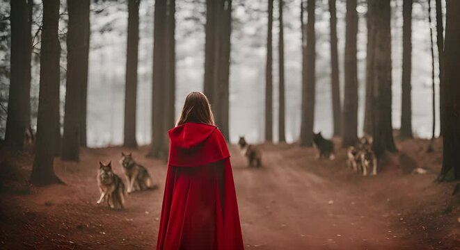 Little red riding hood in the forest.