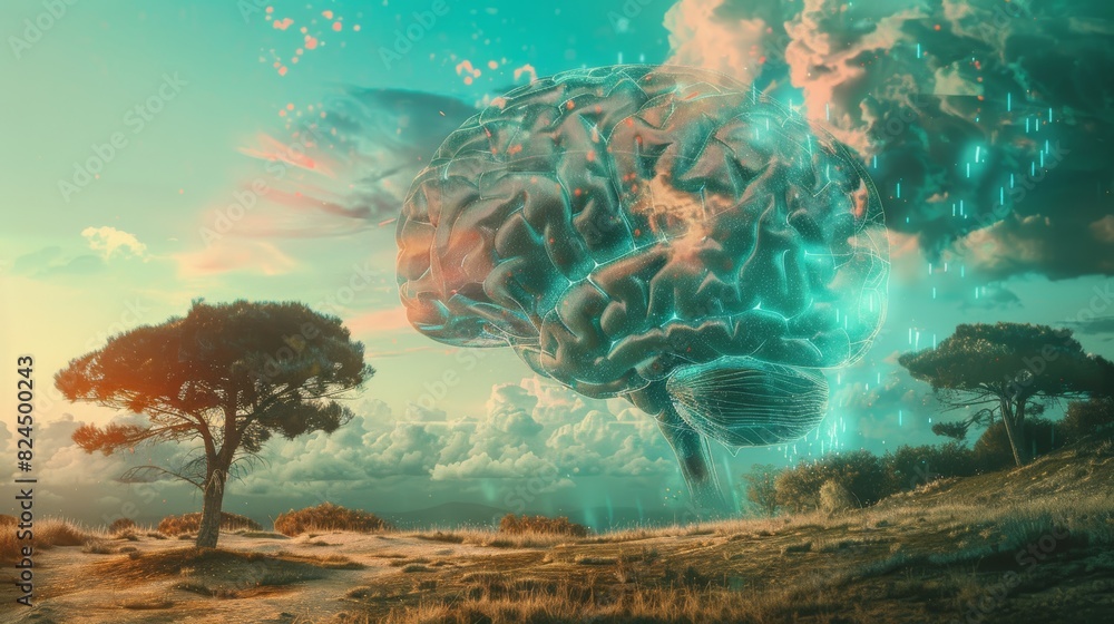 Poster A surreal image of a brain scan morphing into a digital landscape, symbolizing the interconnectedness of the mind and the digital world.