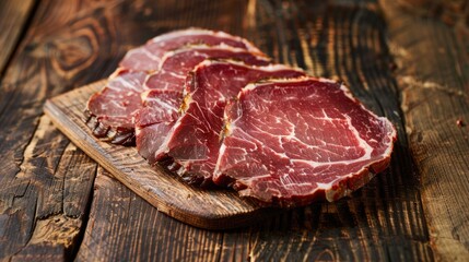 Obraz premium Thick slices of fatty meat on a wooden table