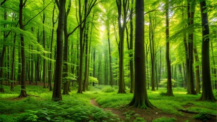 A sunlit path winds through a vibrant green forest in the early morning light