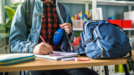 A student sitting at a desk, organizing their backpack and school supplies in preparation for the first day of classes after the summer break. - Powered by Adobe