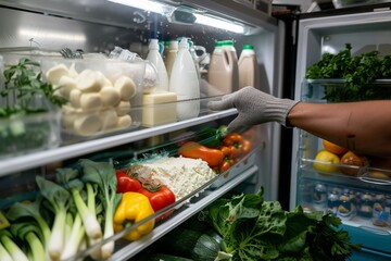 A volunteer restocking a food bank fridge with various food items