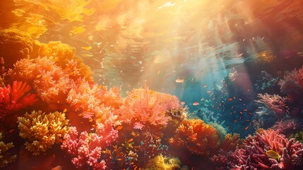 Fototapeta premium Vibrant Underwater Dreamscape with Sunlight Piercing Through Colorful Coral