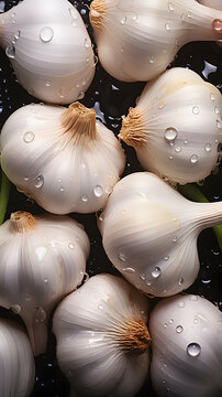 fresh garlic adorned with glistening raindrops of water background poster 