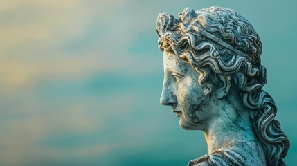 Weathered stone statue against turquoise sky