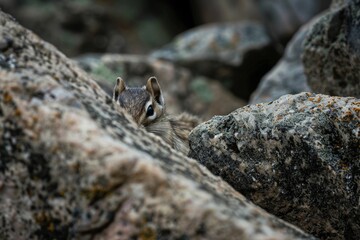 Curious squirrel peeking out from behind rocks