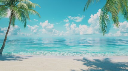 A tranquil beach scene with soft sand, turquoise water, and swaying palm trees.