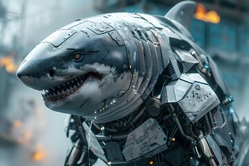 Fototapeta premium Cinematic Fusion of Cyborg Shark Warrior Blending Technological and Biological Elements in Dramatic Smoke-Filled Visualization
