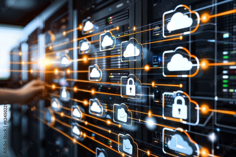 Poster cybersecurity cloud lock with a digital circuit board and secure connections