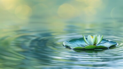 A tranquil close-up of a lily pad floating serenely on a pond, its vibrant green surface reflecting...