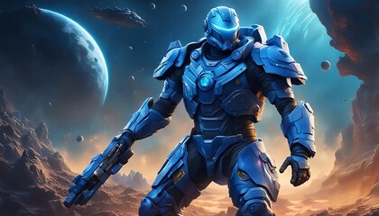 Fototapeta premium Man in Futuristic Suit Standing in Front of Planet