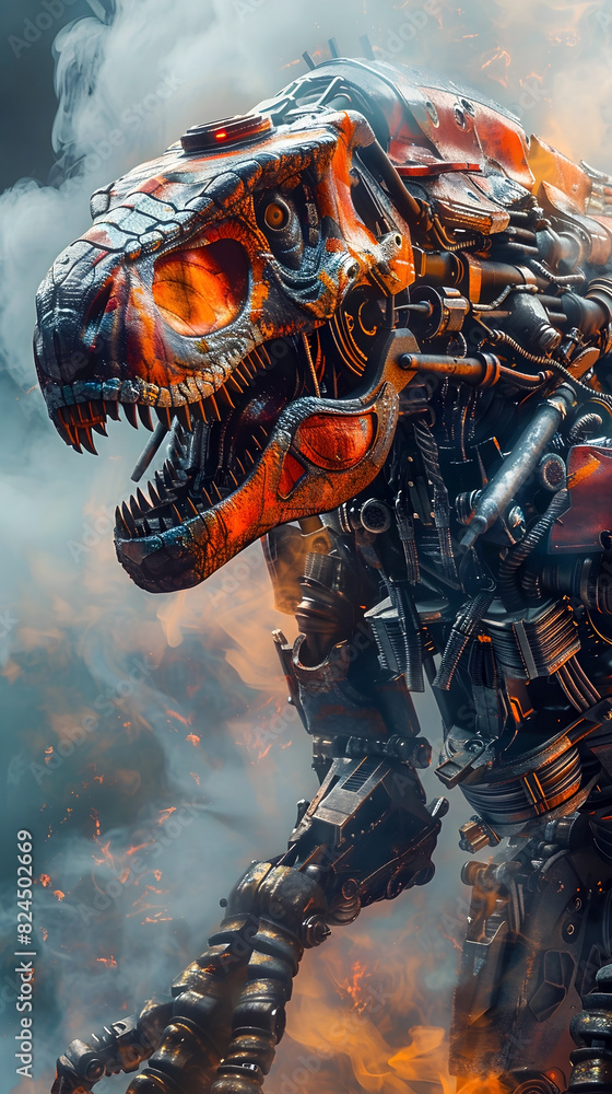 Canvas Prints Colossal Cyborg Dinosaur Warrior: A Fusion of Savage Predatory Nature and Advanced Metallic Exoskeleton Weaponry Surrounded by Ethereal Multicolored