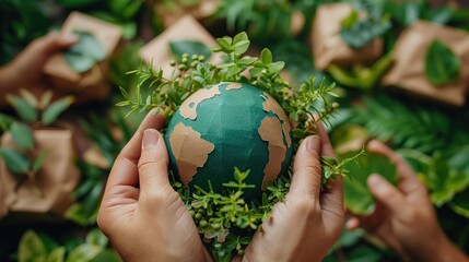 Hands holding a paper globe adorned with small green plants, representing global environmental awareness and the importance of sustainability.