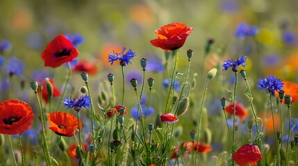 Obraz premium Vibrant Red Poppies and Blue Wildflowers Blossoming in a Lush Meadow