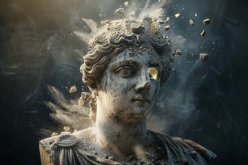 Weathered ancient statue in dramatic lighting